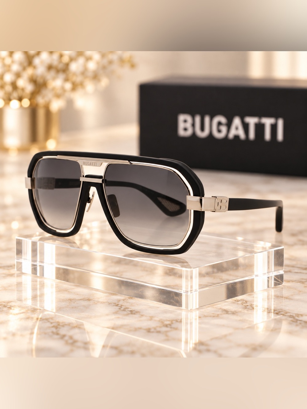 Bugatti 08 MBK/WG Men’s Sunglasses Matte Black White Gold Grey Gradient